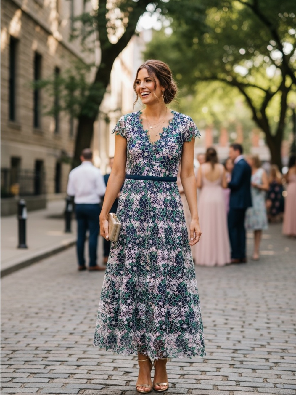 foxiedox by Anthropologie Navy, Green & Pink Floral Lace Midi Dress - Picture 1 of 5